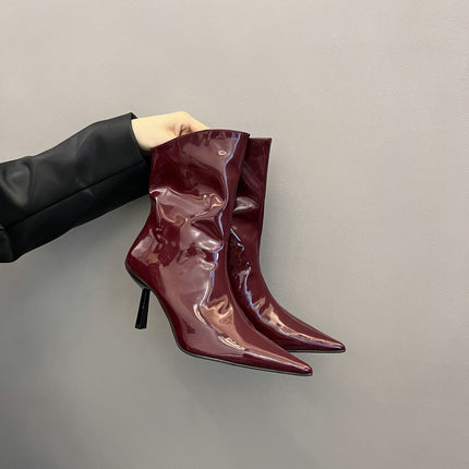 Pointed Toe Patent Leather Red Short Boots for Women 2025 Spring & Fall New Slim Stiletto Short Boots High Heels Slim Boots Nude Boots