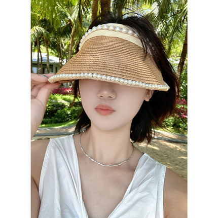 Straw Pearl Sun Hat Headband Empty Top Straw Hat Women's Summer Hairpin Topless Face Covering Sun Protection Sun Hat Outdoor