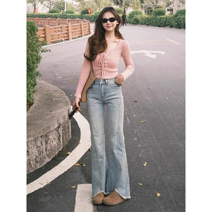 Spring 2025 American-style Stretch Rag Micro-flared Jeans Women's New Style Small Design High Waist Horseshoe Pants