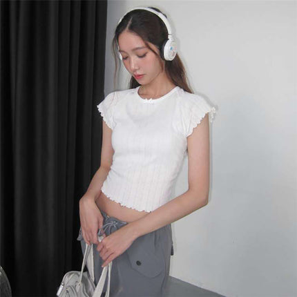 Ins European and American Style 2025 Spring and Summer Women's New Products Sweet Girly Style Pure Color Personalized Round Neck Slim Short-Sleeved T-Shirt for Women