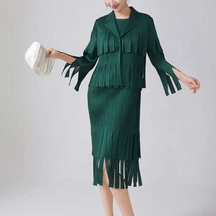 Women's Elegant Fashion Suit Women's High-End Tassel Sleeveless Dress Cardigan Shawl Jacket Miyake Two-Piece Spring Set