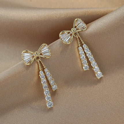 Tassel Earrings 2024 New Fashionable Rhinestone Bow Earrings High-end Temperament Light Luxury Niche Earrings Earrings