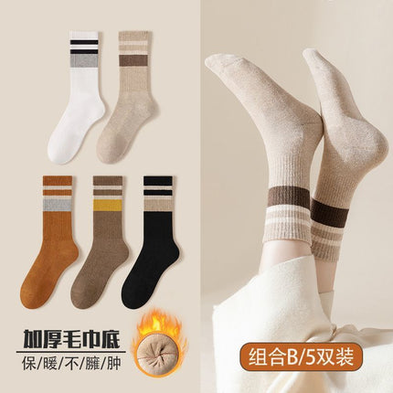 Socks Women's Autumn and Winter Mid-length Socks fleece-lined Thickened Warm terry Towel Bottom Cotton Socks High-tube Fashionable Women's Stockings