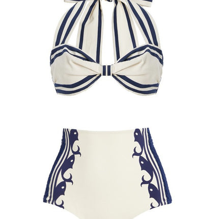 2025 Europe and the United States new navy style striped printed neck one-piece split swimsuit shorts suit women's cross-border explosions