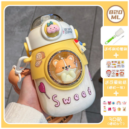 Cute Children's Plastic Cup Large Capacity Straw Water Cup High Color Value Women's Big Belly Water Cup Special Cup for Students
