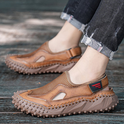 Cross-Border Hot-Selling Summer New Products Large Size Hand-Stitched Casual Breathable Mesh Genuine Leather Toe-Cap Sandals and River Shoes