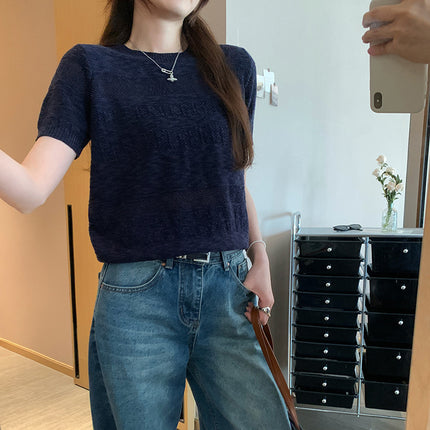 Hollow Chic Splicing Design Round Neck Short-Sleeved T-Shirt for Women 2025 Summer Commuting Versatile Knitwear Top