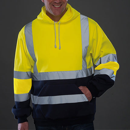 Cross-Border Export Popular Men's Reflective Strip Ring Fleece-Lined Hooded Top to Protect Against Cold Outdoor Hooded Reflective Sweatshirt for Men