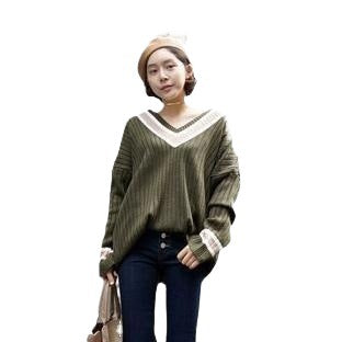 Foreign Trade Spring Retro Dark Green V-Neck Loose Broken Shoulder Striped Knitted Sweater Women's Pullover Shirt
