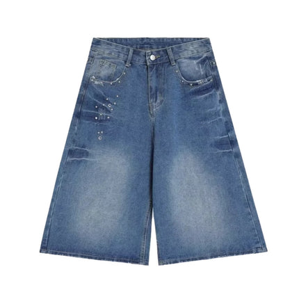 American Retro Washed Distressed Lightning Pattern Cropped Denim Shorts for Women Summer New Loose Straight Wide-Leg Mid-Pants