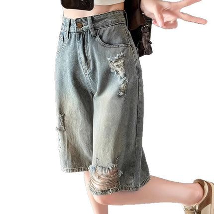 plus size High Waist Straight Five-point Jeans Women's Trendy All-match Ripped Old-fashioned Design Sense Loose Casual Short Pants