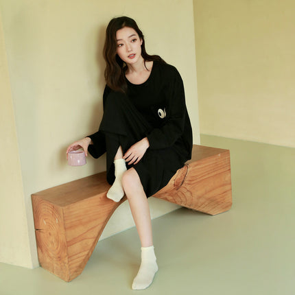 Women's Pure Cotton Long-Sleeved Nightgown, High-End, Black, Large Size, Can Be Worn Outside, Spring and Autumn, Women's Nightgown with Breast Pads