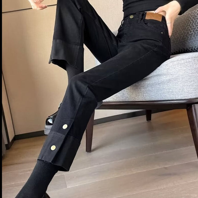 Black Smoke Tube Jeans Women's Trendy All-match New High Waist Slimming Slim-fit Cropped Stitching Narrow Straight Trousers