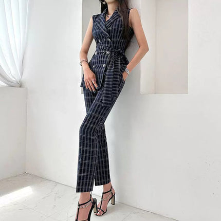 Yujie Style Checkerboard Professional Suit Two-Piece Cross-Border Women's Summer New Waist-Cinching Suit