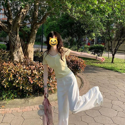 Cream Yellow Polka Dot Fake Two-Piece Right Shoulder Short-Sleeved T-Shirt for Women Summer Slim Lace Sweet Sexy Short Top