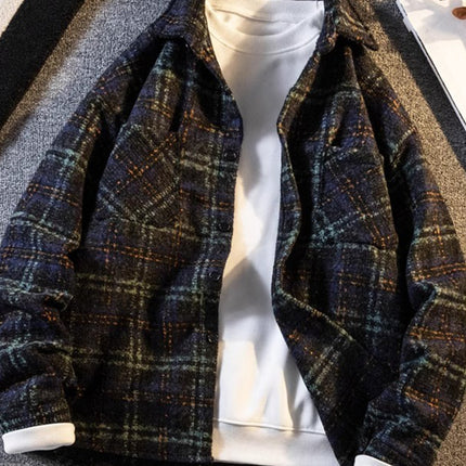 American retro plaid shirt men's spring and autumn loose casual jacket ruffian handsome coat home figure# XXF025
