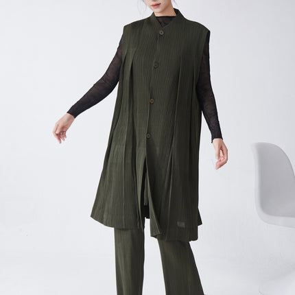 Miyake suit Women's High-end Professional Commuting All-match Mid-length Vest Cardigan Jacket Straight Pants Two-piece Set