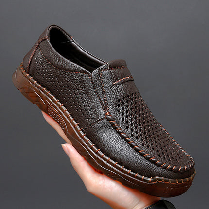 Cross-Border Hot-Selling Spring and Summer New Products Hand-Stitched Casual Men's Shoes Fashionable Soft-Soled Hollow Breathable Leather Shoes