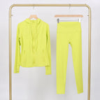 Fluorescent green hooded stamped jacket and cropped pants suit / 2/S