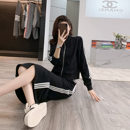Real Shot 2025 Spring and Autumn Baseball Suit Coat Women's Ribbon Contrast Color Zipper Coat Women's Medium-length Dress Slim-fit Fashion Women