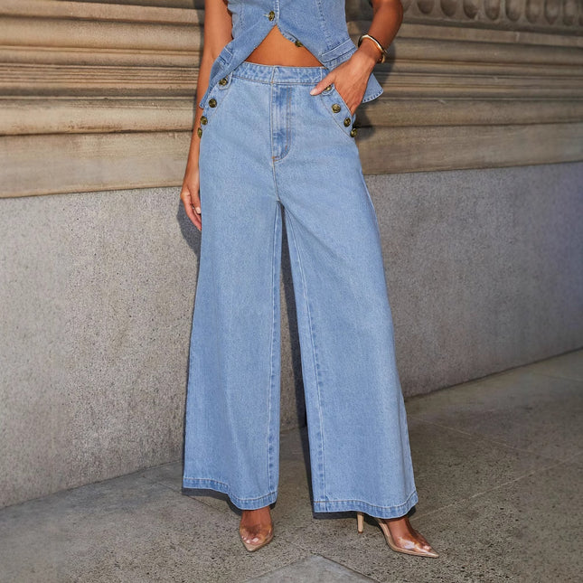 Factory direct cross-border 2025 new American solid color fashion sleeveless Denim suit European and American style straight leg pants