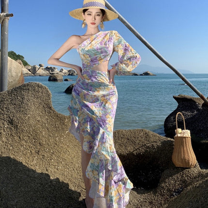 Real Shot New Sexy Slant Shoulder Open Waist dress Holiday Elegant Irregular Ruffled Single Sleeve Dress