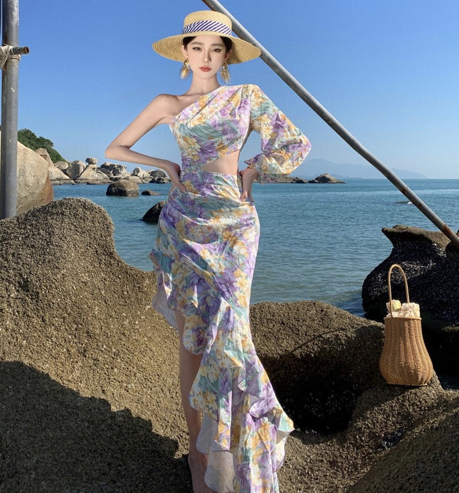 Real Shot New Sexy Slant Shoulder Open Waist dress Holiday Elegant Irregular Ruffled Single Sleeve Dress