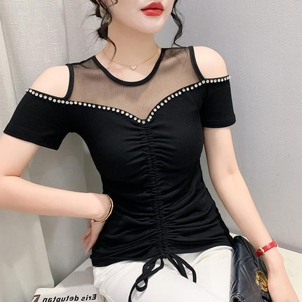 Real Shot 2023 Summer New Original Sexy Shoulder Heavy Industry Nail Drill Drawstring Pleated Slimming Short-sleeved T-shirt for Women
