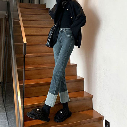 Retro blue pipe pants women's autumn and winter stitching jeans new spring and autumn cropped stretch all-match loose straight pants