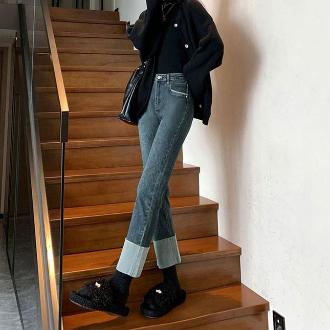 Retro blue pipe pants women's autumn and winter stitching jeans new spring and autumn cropped stretch all-match loose straight pants