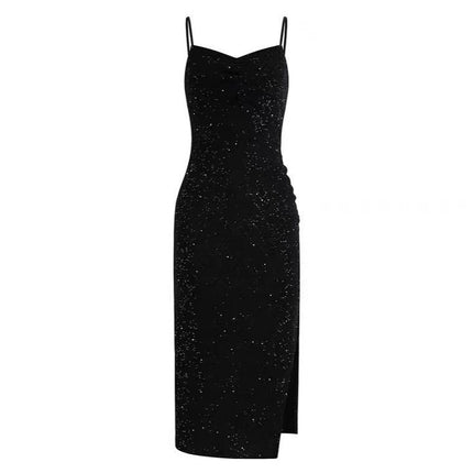 2024 Summer New Korean-style Hepburn Black Dress Mid-length Slimming Sequin Split Slim Sling Sexy dress