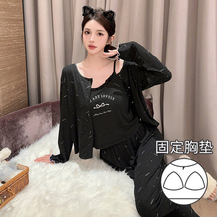 D Oh Mi Da Spring Sexy Sweet Bow Print Thin Strip Modal Pajamas Three-piece Set with Chest Pad for Women