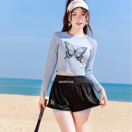 New Sports Slimming Long-sleeved Split Belly Covering Two-piece Set Conservative Student Girl's Cunnable Hot Spring Swimsuit