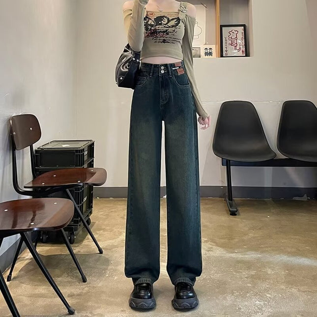 Retro blue narrow straight pants women's spring and autumn 2024 New High waist slimming mop wide leg jeans small