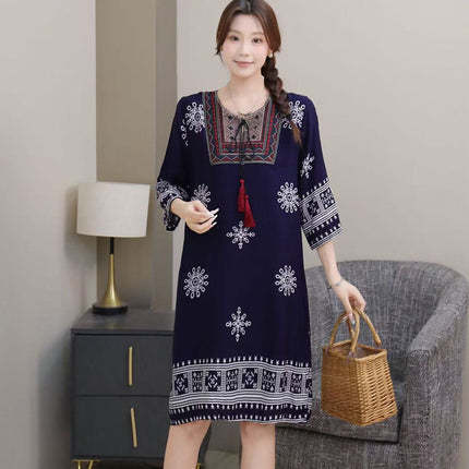 Extra Large Size Ethnic Style Round Neck Three-Quarter Sleeve Dress Loose Embroidered Flower Cotton Silk Travel Beach Skirt for Women