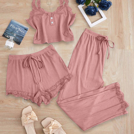 Lace Trim Three-Piece Set: Camisole, Shorts, Long Pants, Women's Slim-Fit Loungewear, Brushed Sleepwear