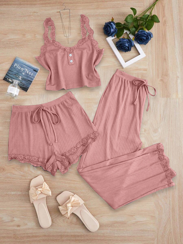 Lace Trim Three-Piece Set: Camisole, Shorts, Long Pants, Women's Slim-Fit Loungewear, Brushed Sleepwear