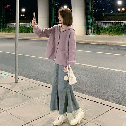 Autumn French Knitted Sweater Coat Denim Fishtail Skirt Two-piece Set Salt Style Gentle Style Elegant Wear a Complete Set