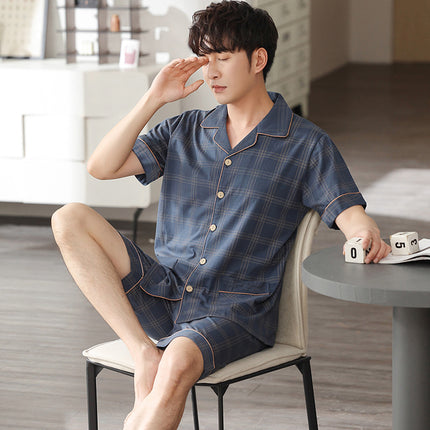 New Cotton Pajamas Men's Summer Short-sleeved Shorts Cardigan Lapel Home Clothes Summer Plus Size Loose Set
