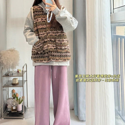 fleece-lined Thickened Straight Sports Pants Women's 2024 Autumn and Winter New Lazy Wind Dipped Casual Wide Leg Floor Trousers