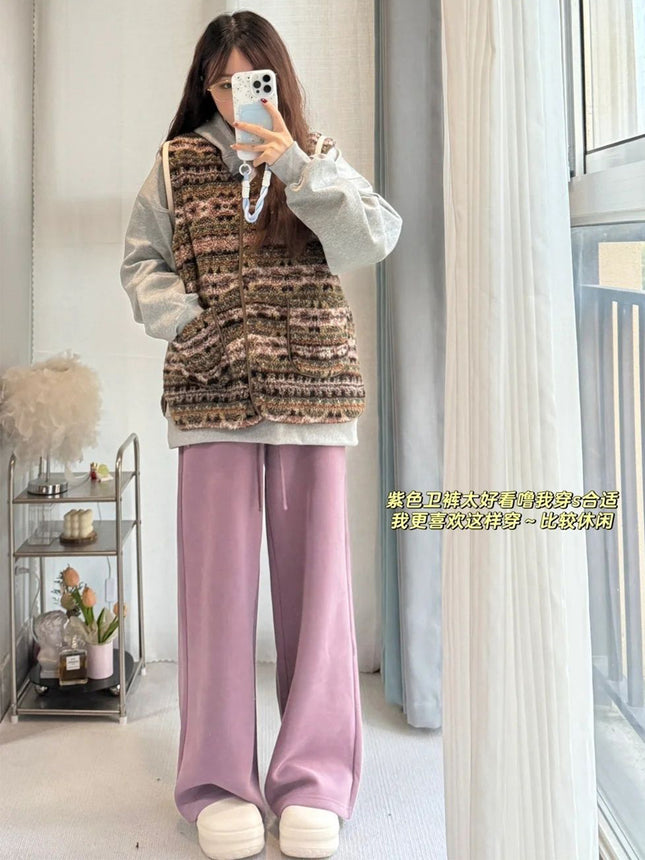 fleece-lined Thickened Straight Sports Pants Women's 2024 Autumn and Winter New Lazy Wind Dipped Casual Wide Leg Floor Trousers