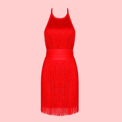 New halter backless sleeveless solid color waist slimming temperament tassel hip mini bandage banquet dress women