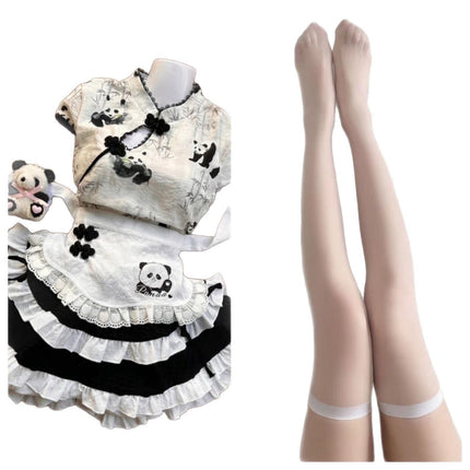 New Chinese Style Chinese Girl Print Improved Cheongsam Button Top High Waist Cake Skirt Cute Apron Summer Suit for Women