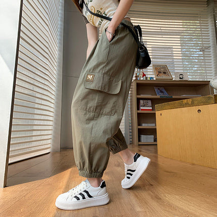 Army Green Casual Overalls Women's Thin 2024 Summer Korean Style New Loose Leg Pants Nine-point Harem Pants