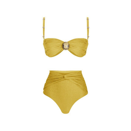 2025 Cross-border Bikini Three-piece High-waist Split Swimsuit Women's Bohemian Style Solid Color Sexy Women's Swimsuit