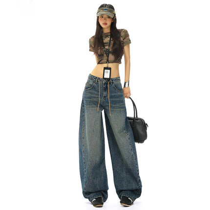 Retro Drawstring High Waist Wide Leg Jeans for Women 2025 Summer New Sexy Straight Loose Slimming Look Floor Mopping Pants