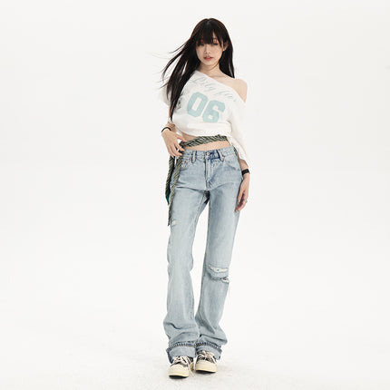 American Low-Waist Hot Girl Ripped Jeans for Women 2025 Summer New Slim Fit Straight Floor-Length Trousers