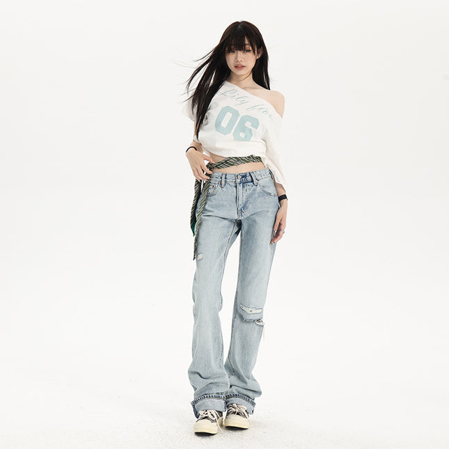 American Low-Waist Hot Girl Ripped Jeans for Women 2025 Summer New Slim Fit Straight Floor-Length Trousers