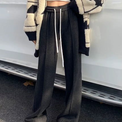 Herringbone Wide-Leg Pants for Women, Autumn and Winter 2025, High-Waisted Casual Gray Woolen Pants, Drapey Wool Narrow Straight-Leg Pants