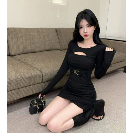 Hollow-Out Long-Sleeve Dress for Women, Early Autumn Sexy Bodycon Dress That Accentuates the Figure, Base Layer Dress